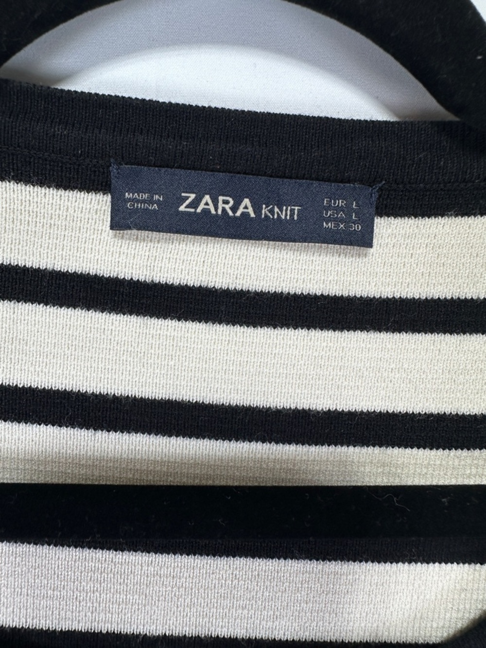 Zara Knit Striped Cardigan Black White Pearl Button Cropped Sweater L - Picture 4 of 7